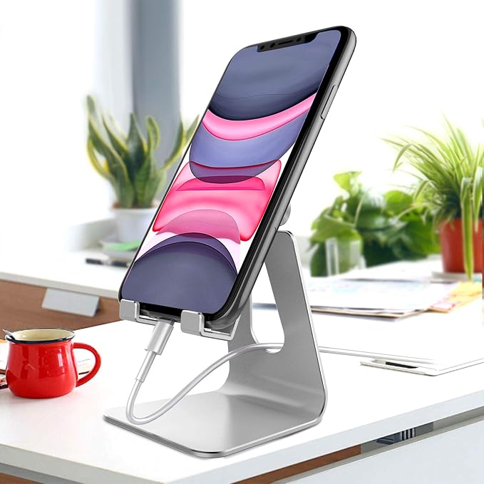 CreaDream Aluminum Cell Phone Stand, Adjustable Phone Holder for Desk | Adjustable Viewing Angle, Desktop Stand, Stable Base, Fits iPhone 17 16 15 14 13 Pro Max, Desk Accessories, Sliver