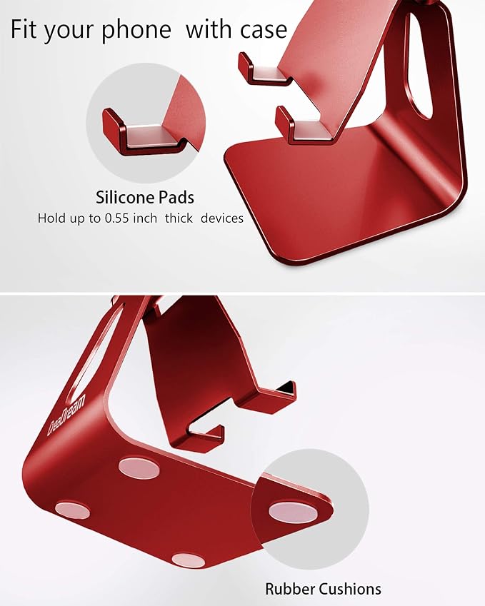 CreaDream Aluminum Cell Phone Stand, Adjustable Phone Holder for Desk | Adjustable Viewing Angle, Desktop Stand, Stable Base, Fits iPhone 17 16 15 14 13 Pro Max Desk Accessories, Red