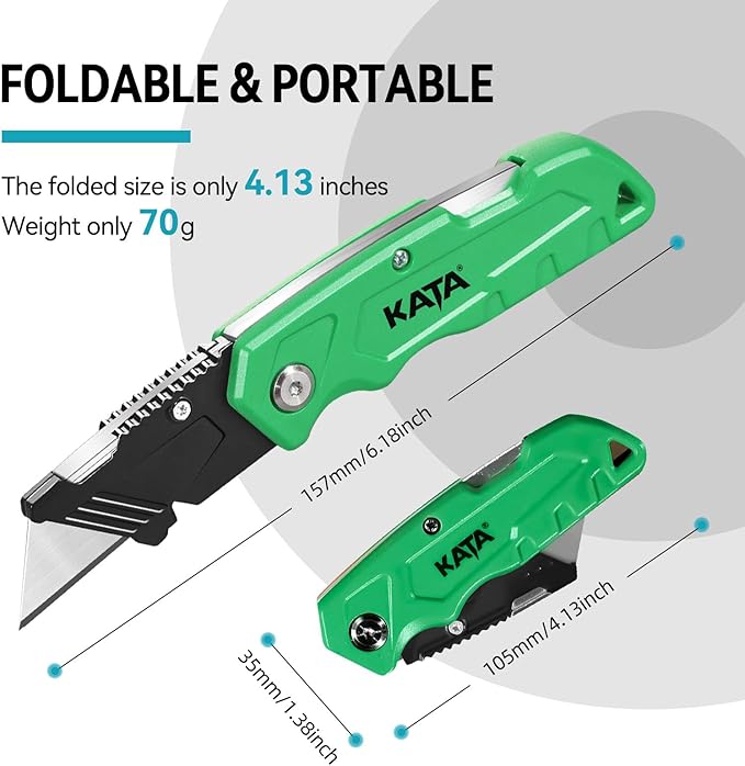 KATA Folding Box Cutter Knives - Heavy Duty Utility Knife Box Cutters with Extra 10pcs Razor Blades - 2-Pack Pocket Knife Plastic Cardboard Opener Tool - Gifts for Men Cutting Cartons, Leather, Rope