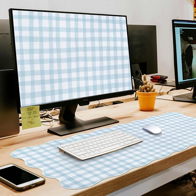 L-SPOUTTO Blue Checkered Mouse Pad,Cottagecore Scalloped Desk Mat XXL Large Cute Pastel Gaming Mousepad,35.4x15.7in Non-Slip Keyboard Pad Waterproof Desktop Mat for Laptop Computer Game Home Office