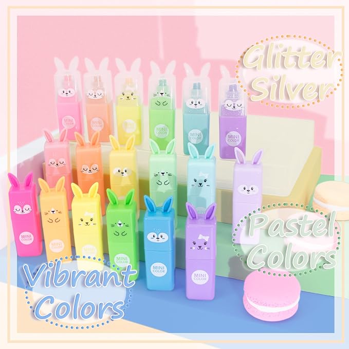 Rabbit Pastel Highlighters, 12 Soft Colors, Chisel Tip Markers | Cute No Bleed & Quick Dry Highlighters for School, Journals & Notes