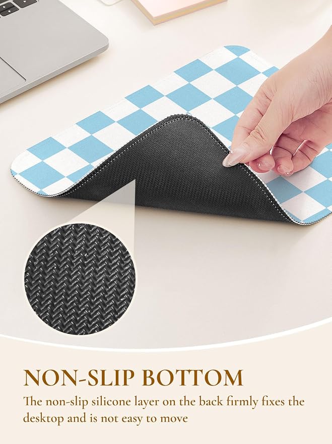 Square Cute Checkered Mouse Pad with Stitched Edge, Premium Waterproof Cloth Aesthetic Small Plaid Mouse Mat, Non-Slip Rubber Base Funny Mousepad Desk Accessories,Checkerd Blue White