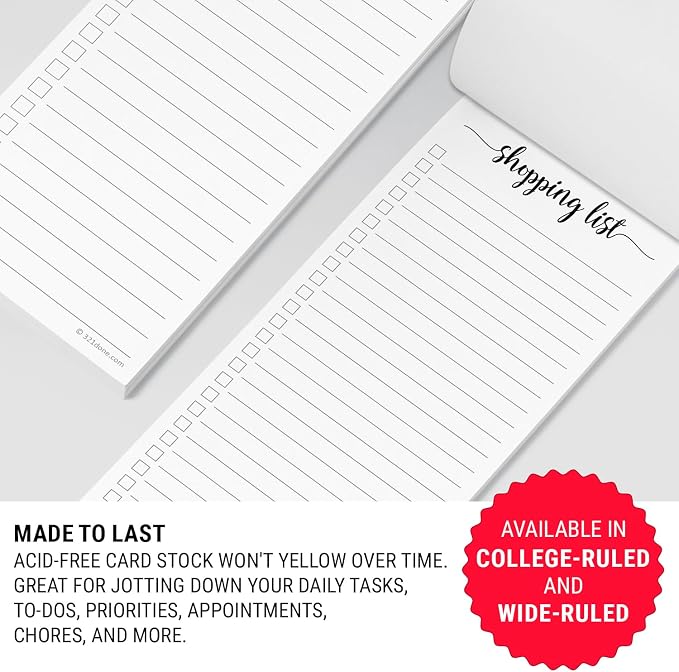 321Done Grocery List Notepad, Skinny 3.7x8.5 Inches, 2-Pack, 50 Sheets Each | Made in USA - Slim Shopping List Pads for Kitchen Planning, Meal Prep and Errands, Thick Bright White Paper, Tear-Off Sheets
