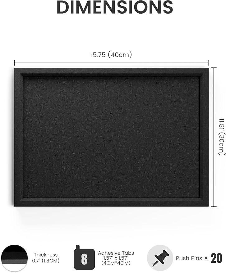 Fluxynara 15.7" x 11.8" Felt Frame Bulletin Board, Black | Cork Board Alternative with 12 Removable Adhesive Tabs, Foldable Pin Board for Wall, Home, Office, Classroom & Dorm
