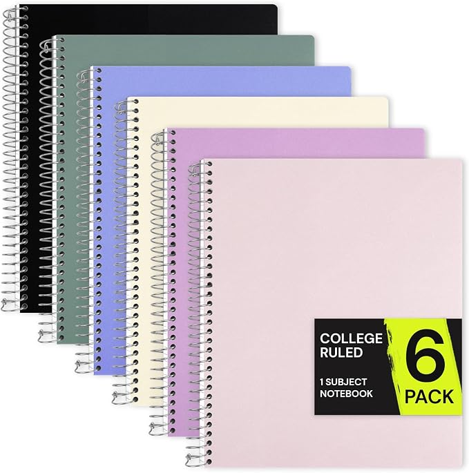 ONAVIA 1 Subject Spiral Notebook College Ruled 6 Pack, 200 Pages, Assorted | 100 Sheets, 9 x 11 in, Waterproof Plastic Cover, Durable, 3-Hole Punched, Divider, Double-Sided Pocket, Study