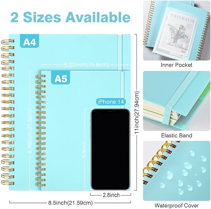 5 Subject Notebooks College Ruled, Lined Notebook with Removable Dividers | 300 Pages 100GSM Thick Spiral Writing Journal for Women & Men, Small A5 Spiral Notebooks for Work, School Supplies, 6" x 8"