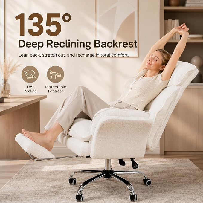 Big and Tall Office Chair with Footrest & Flip Armrests | Teddy Fleece Ergonomic Desk Chair, for Pets & Cross-Legged Sitting, Wide Seat Reclining Executive Computer Chair, Pink