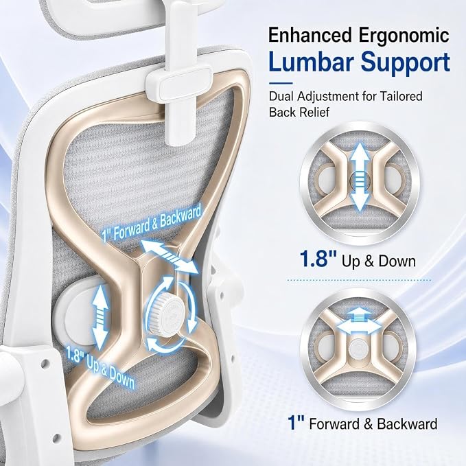 Ergonomic Office Chair for Back & Neck Pain Relief, Virgin Foam Seat, 2D Adjustable Lumbar & 3D Headrest, Tilt & Rock for Relaxation, Ideal for Long Sitting Comfort, White/Gold