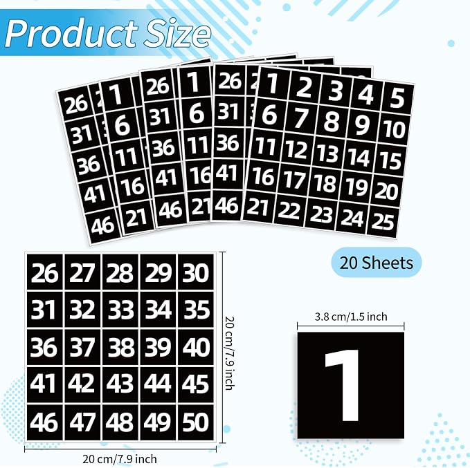 STARLIBOO Black Consecutive Number Stickers 1-50, 1.5 inch Square Self Adhesive Numbered Label Stickers for Inventory, Storage, Organizing, Boxes, Lockers, Indoor, Outdoor (1000Pcs)