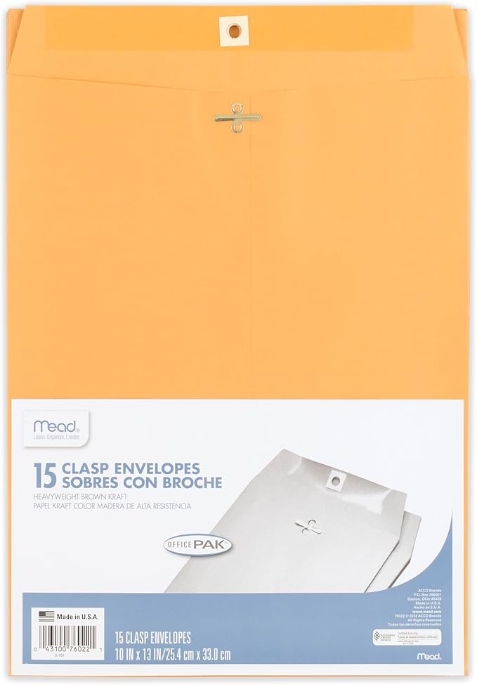 Mead Envelopes, 10" x 13", Clasp Closure, Brown Kraft All-Purpose 24-lb Paper Mailing Envelopes, 15 Count (76022)