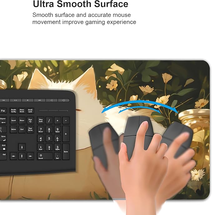Cute Anime White Cat Gaming Mouse Pad, Forest Green Warm Healing Desk Mat with Anti-Slip Base & Stitched Edges, Computer Keyboard & Laptop Pad, 35.4" x 15.7" in in Workstation Accessories