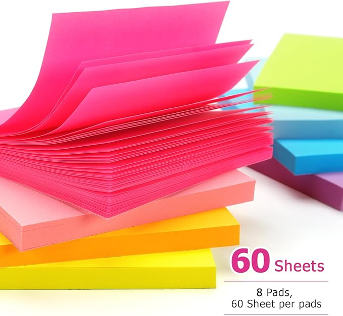 Early Buy Sticky Notes 8 Bright Color 8 Pads Self-Stick Notes 3 in x 3 in, 60 Sheets/Pad