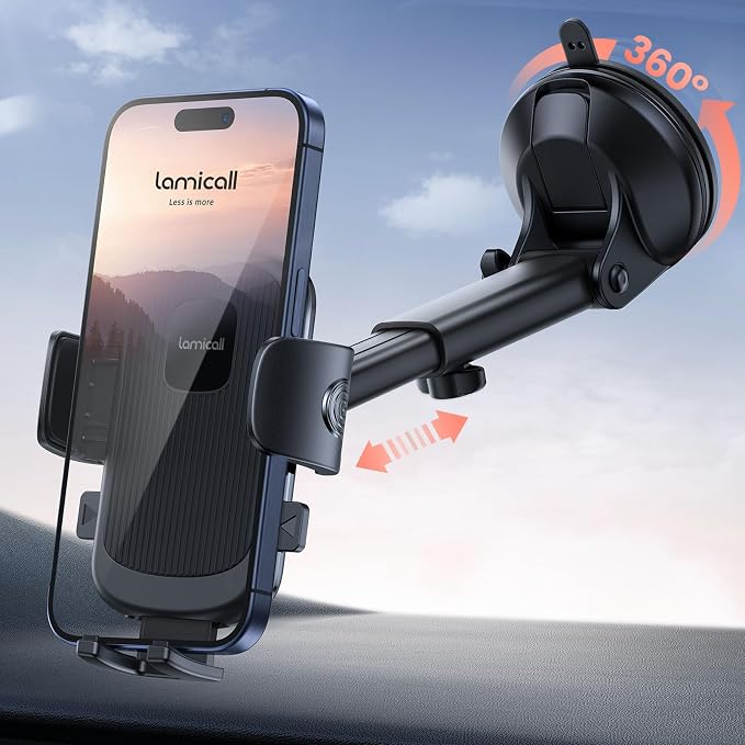 Lamicall Car Phone Holder Military-Grade Suction Cup Dashboard Windshield | 360° Rotation Phone Holders for Your Car, Quick Release Adjustable Phone Mount for Car Truck for iPhone 17 16 15 14 Pro Max