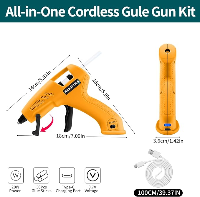 Cordless Hot Glue Gun Kit with 30 Sticks, Fast Heating 2.6Ah Rechargeable | 20W Anti-Drip Glue Gun and Sticks Set (0.27"×6") USB-C Rechargeable Mini Glue Gun Ideal for School Crafts DIY Making Repairs