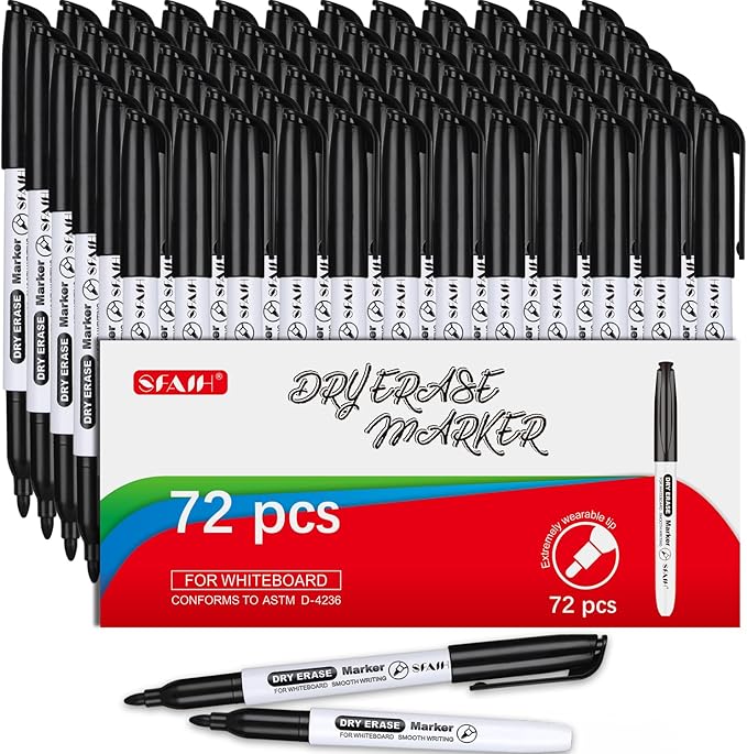 SFAIH Fine Tip Dry Erase Markers, Black, 72 Pack | Bulk Pack for Large Offices, School, Training Centers & Institutional Use | Low-Odor Whiteboard Markers