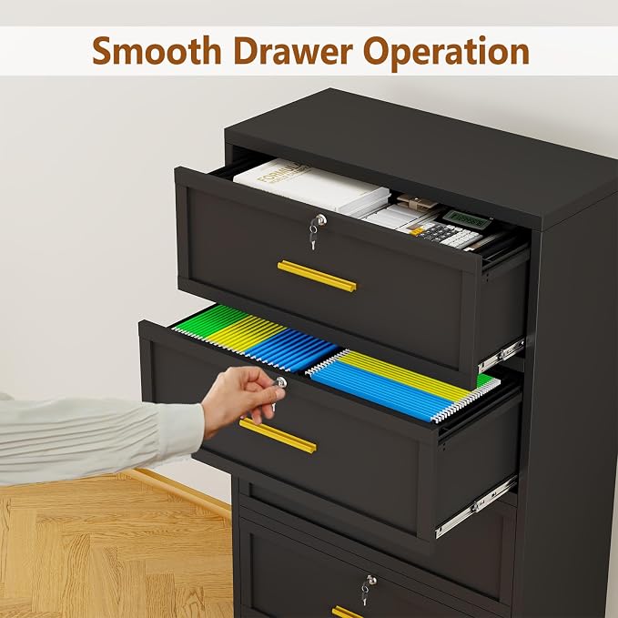 3 Drawer Metal File Cabinet with Lock,Lateral Filing Storage Cabinets,Steel Wide File Organization for Legal/Letter/A4/F4 Size with Hanging Files&Key,Lockable Printer Stand for Home Office, Black