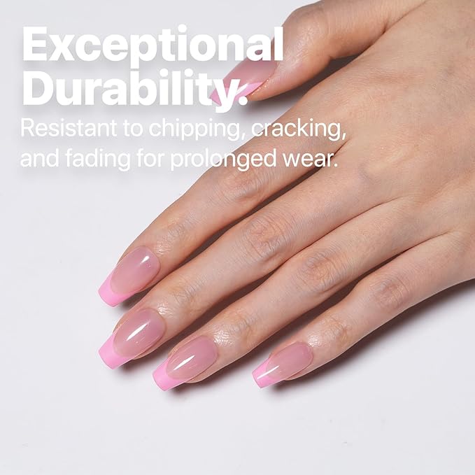 SXC Cosmetics French Tip Press On Nails 150 Pieces in 15 Sizes Ultra Fit with Pre-applied Tip Primer and Base Coat, No Need to File Fake Nails for Nail Art DIY X-Pro Tips (5PINK119-S Coffin)