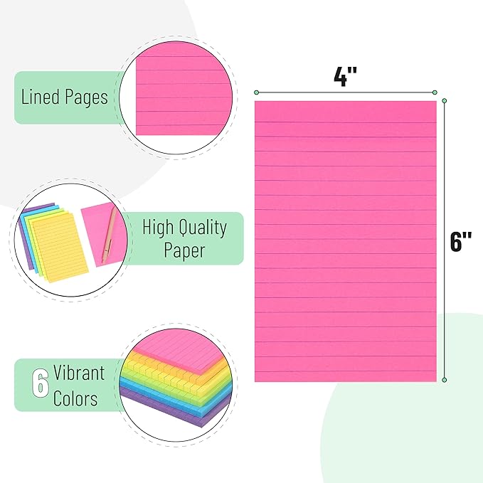 Mr. Pen- Lined Sticky Notes 4x6, 6 Pads, 60 Sheets/Pad, Assorted Colors, Sticky Notes with Lines, Sticky Note Pads, Colorful Sticky Notes, Mr Pen Sticky Notes, Stocky Notes for Bible Journaling