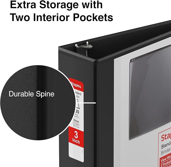 Staples Standard 3-Inch D-Ring View Binder, Black, Holds 600 Sheets | Large-capacity binder for office and school document organization.