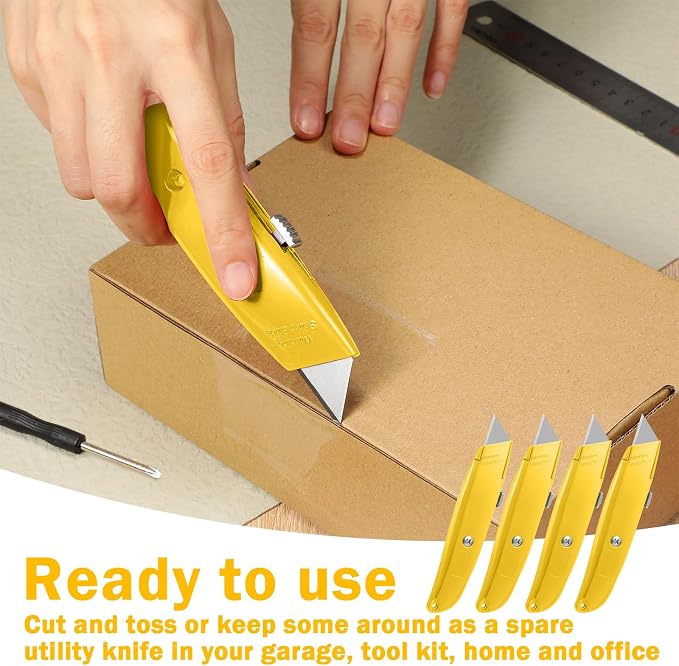 Lasnten 12 Pcs Box Cutter Bulk Retractable Utility Knife Heavy Duty Aluminum Alloy Carpet Knife Package Opener Cutter Blade for Cardboard Plastics Cartons DIY Home Warehouse Office(Yellow)