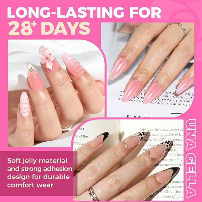 UNA GELLA Almond Gel Nail Tips 504PCS Pre-Etched Clear Fake Nails Tips | Medium Almond Shape 12 Sizes Full Cover Soft Acrylic Press On Nail Extensions No C Curve Gift for Diy at Home