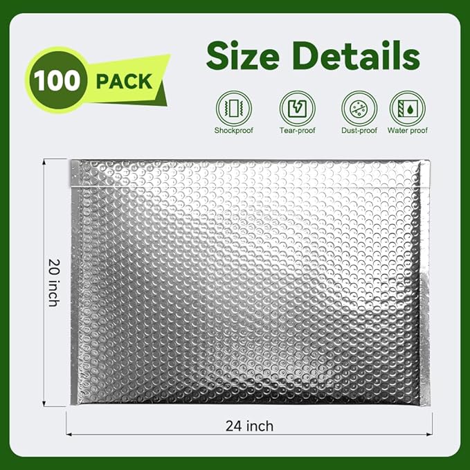 Koja Thermal Padded Bubble Mailers 100-Pack. Quality Shipping Envelopes and Bags with Extra-thick Padding. Fast and Easy Self-seal Envelope Design. (Silver, 24 X 20" 100-Pack)