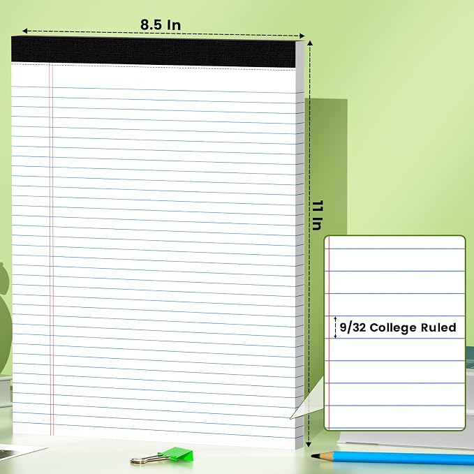 AILZFEI 6-Pack College Ruled Legal Pads, 8.5 x 11 Inch Narrow Ruled Note Pads - 50 Sheets per Pad, 20 lb Bright White Paper, 6 Legal Notepads for School, Office, Home