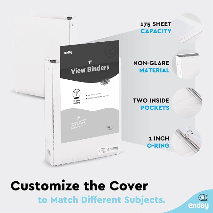 Enday 1 Inch Binder, White 3 Ring Binder 1 Inch, Heavy Duty Three Ring Binder, 175 Sheets Capacity - One Inch Binder for Home School and Office