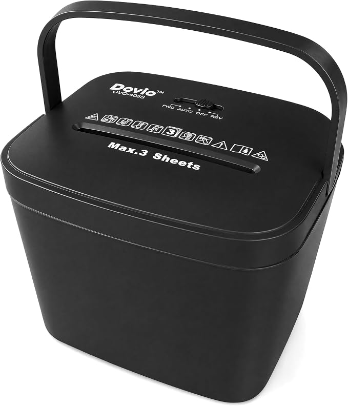 OVO-408S Mini Home Office Cross Cut Shredder, 3-Sheet Folded, 4L Bin | 4×28mm cross cut, jam reverse, 2m/min speed, <65dB quiet, 4min/60min cycle, shreds receipts, envelopes, home office privacy