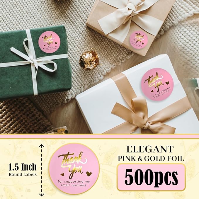 Pink Thank You Stickers Gold Foil – 500 Waterproof 1.5” Round Labels for Small Business Packaging, Custom Thank You Labels for Envelopes, Gift Bags, Boxes, Cards & Orders