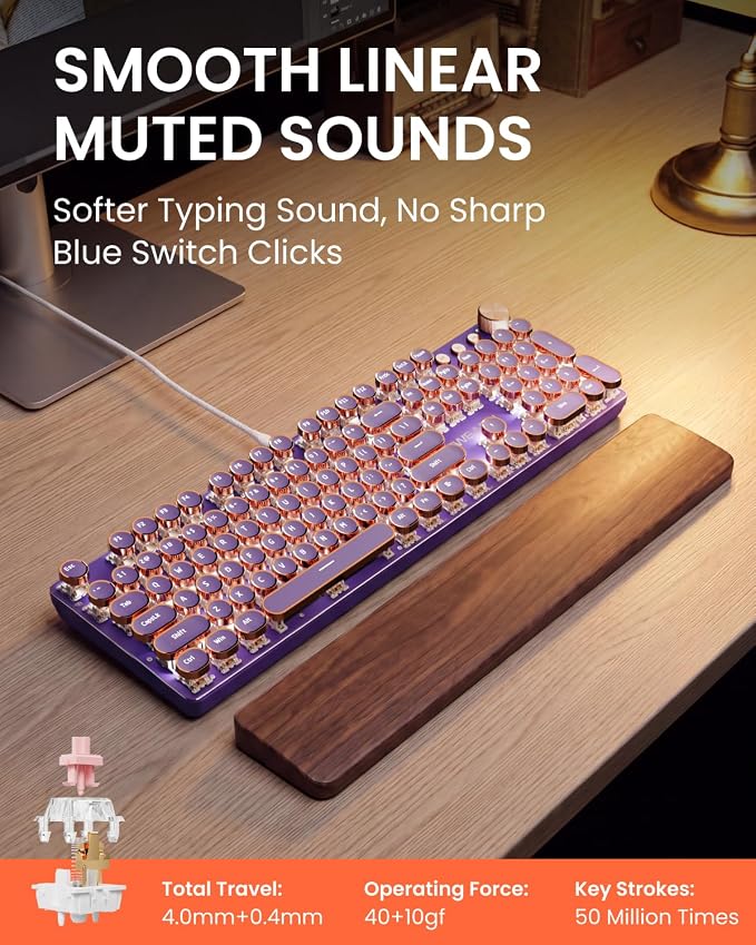 EWEADN Wired Typewriter Mechanical Keyboard, Low Noise Pink Switch Retro Punk Keyboard with Media Knob, White Backlit, Metal Panel, 104-Key Round Keycaps Cute Keyboard for Windows PC -Purple