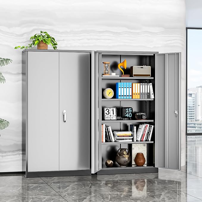 Metal Storage Cabinet, 72” H Storage Cabinet with 2 Doors and 4 Adjustable Shelves for Office, Home, Garage, Pantry (Assembly Required, Black Grey)