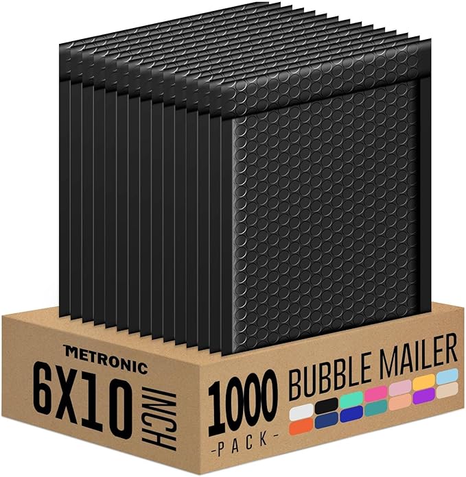 Metronic Bubble Mailers 6x10 Inch 1000 Pack Black Padded Envelopes Usable Size 6x9'' Waterproof Mailing Envelopes Shipping Bags for Small Business Packaging Jewelry Makeup Supplies, Bulk