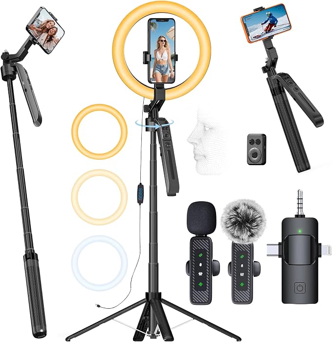 Content Creator Essentials Vlogging Kit for iPhone with Wireless Mic | 71" Phone Tripod Stand with 10'' Ring Light, Selfie Stick Cell Phone Video Recording for TikTok YouTube Starter Kit