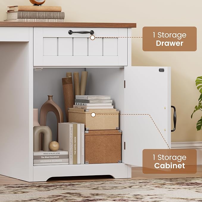 SEDETA Farmhouse 63" L Shaped Desk with Drawers and Storage Cabinet | Office Desk with File Drawers, Wood Corner Computer Desk with Storage, Home Office Desk with Monitor Stand,Walnut and White