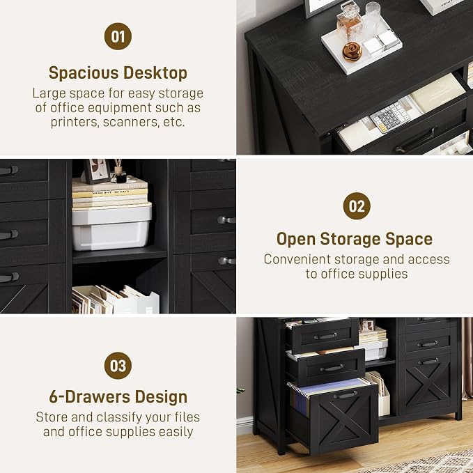 Halitaa Farmhouse Lateral File Cabinet with 6 Drawers, Rustic Black | Lateral Filing Cabinet for Letter/A4 Size Hanging File, Wood File Storage Cabinet Printer Stand for Home Office Cabinet