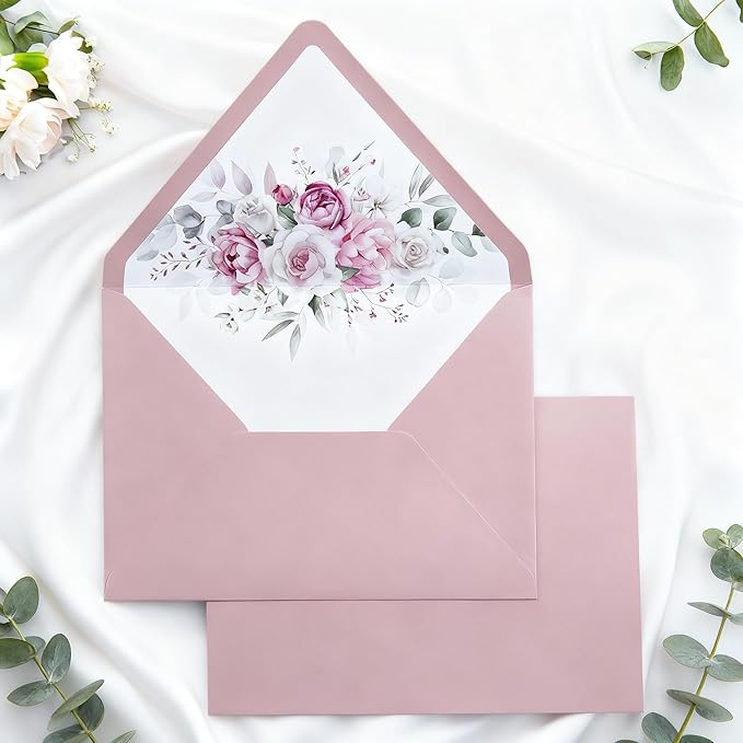 PONATIA 50PCS A7 Euro Flap Envelopes, 5.25 x 7.25'' Dusty Rose Liner Envelope, Perfect 5x7 Envelopes for Wedding Invitation Cards, Christmas Gift Cards Envelope, Acrylic Invitations, Photos