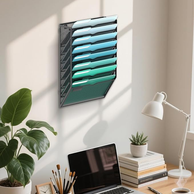 8-Tier Wall File Organizer, Wall Mounted Mail Sorter, 2 Pack | Metal Mesh Hanging File Organizer with Open Compartments and Label Panels for Papers and Folders at Home, Office or School