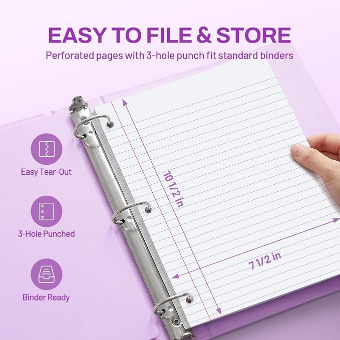 SUNEE Spiral Notebook, 1-Subject, Wide Ruled Paper, 8" x 10-1/2", 100 Sheets per Notebook, 3-Hole Punched Paper, Water Resistant Cover, Double-sided Pockets, Dark Purple