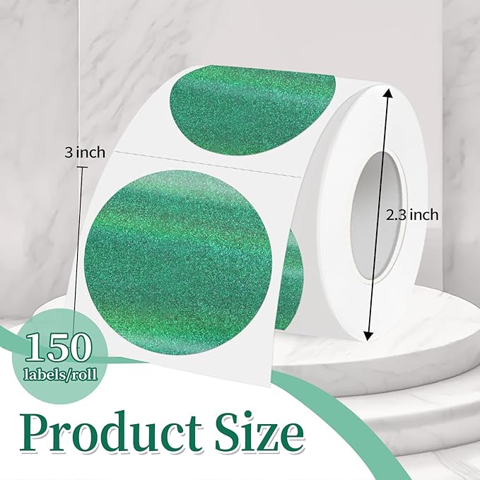 3 Inch Holographic Thermal Labels,Round Thermal Printer Labels,Waterproof Thermal Printer Stickers for DIY Logo Design,Name Tag,QR Code,Thanks Card 150 Labels/Roll (Green dots)