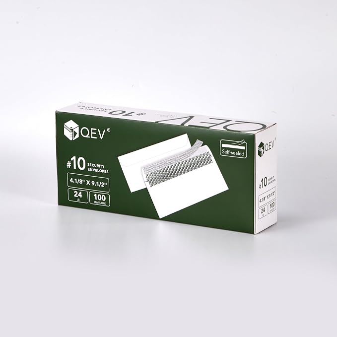 100 Count #10 Self Seal Security Envelopes, 4.1/8" x 9.1/2", 24 lb White Paper, Windowless