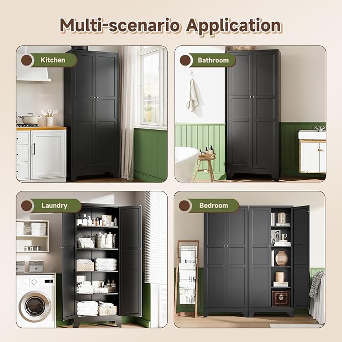 Letaya 75" H Metal Storage Cabinet with 2 Doors and 4 Shelves,Tall Kitchen Pantry Cabinets,Farmhouse Utility Pantry Organizers for Cupboard/Dining/Bathroom/Home Office/Garage Room,Black