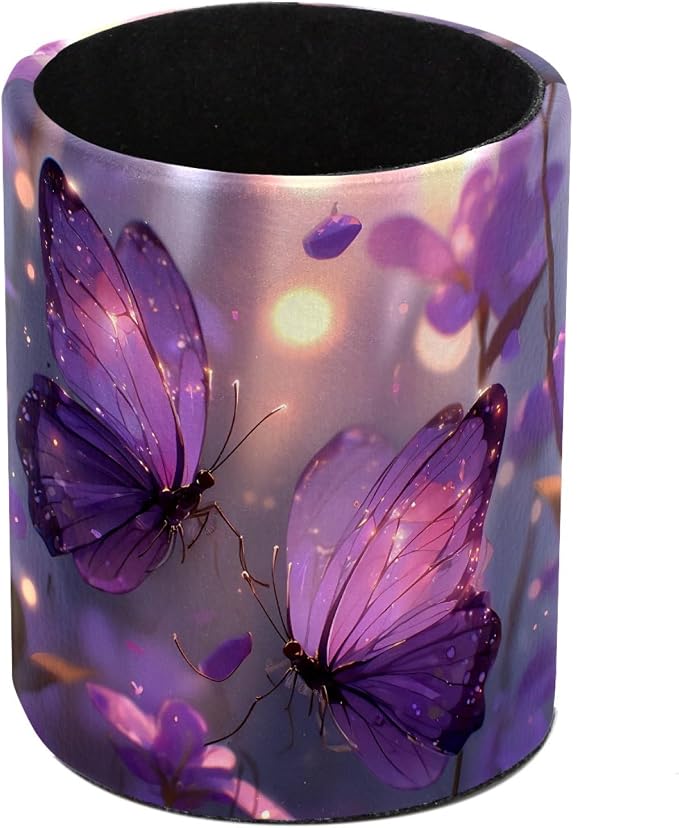 Leather Pen Holder for Desk, Purple Butterfly Pencil Cup Pen Organizer Makeup Brush Holder for Office Home Kids Countertop Desk Accessory Storage