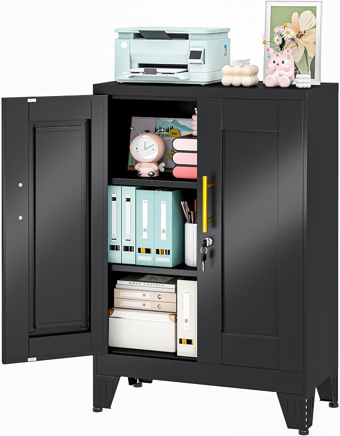 36" Metal File Garage Storage Cabinet with Lock,Lockable Office File Cabinet with 2 Doors and 2 Adjustable Shelves,Outdoor Steel Locker Organizer for Home Office,Gym,School,Warehouse(Black)