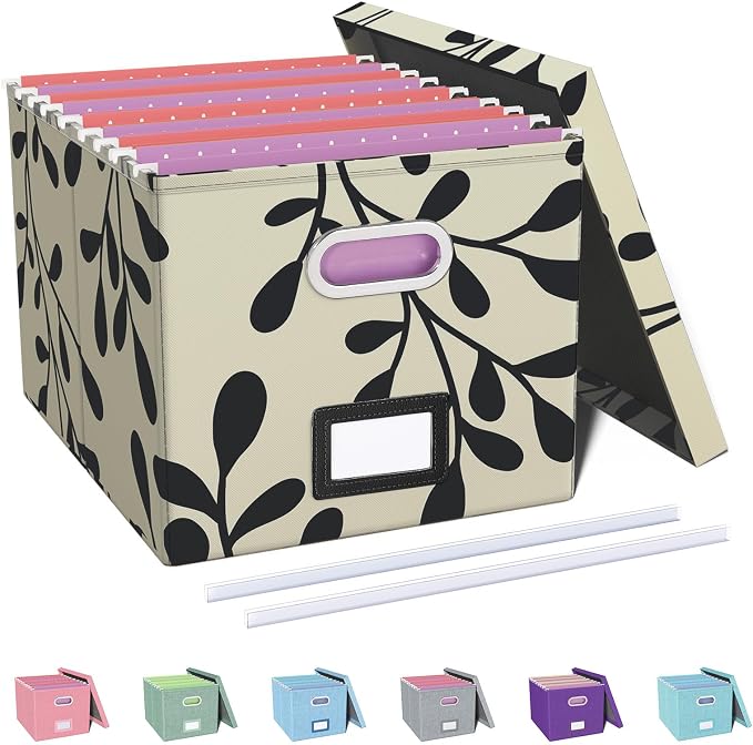 File Organizer with Lid, File Box, File Cabinet for Letter File Folder Storage, Hanging File Organizer for Office/Decor/Home,Document Organizer, 1 Pack,Leaf Black/Cream-Box Only