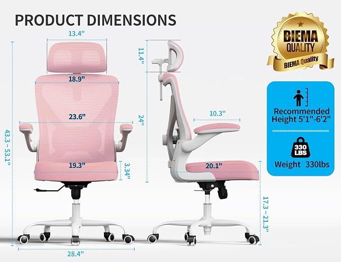 Ergonomic Office Chair: Mesh Desk Chair Comfy with Headrest& Lumbar Support | Ergalithic Big and Tall Office Chairs with Wheels & Flip-Up Arms-Computer Gaming Chairs for Adults Home Office Chairs(Pink)