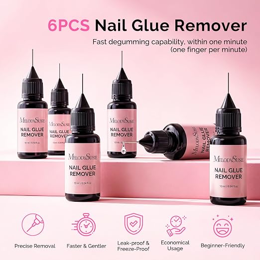 MelodySusie 6Pcs Nail Glue Remover for Press on Acetone Free 10ML | Fast Precise Gentle Removal Semi Nail Glue Gelly Gel Tabs Quick-dry Glue Nail polish (No Cured) Nail Strip