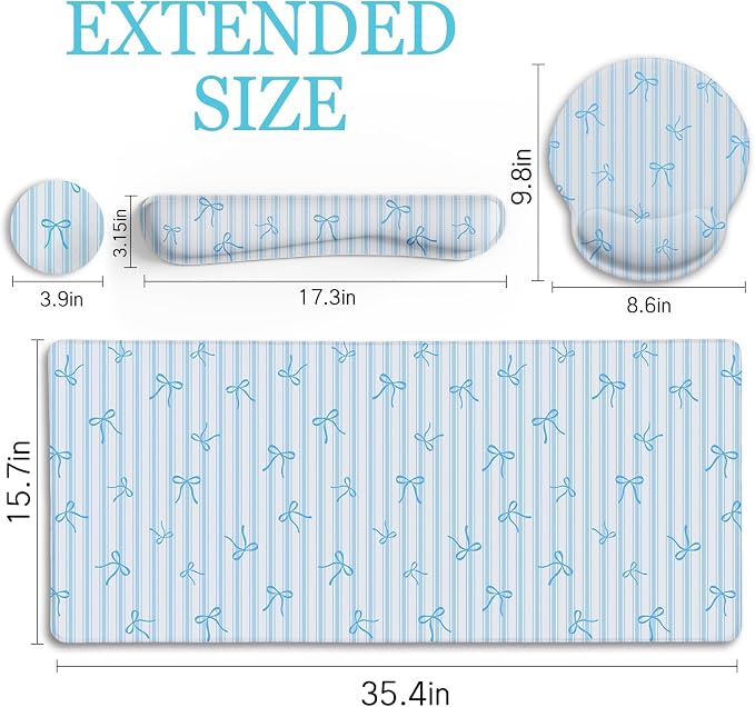 LIMKRIAN Blue Striped Mouse Pad Set Large Desk Mat for Keyboard and Mouse | Ergonomic Office Mousepad with Wrist Rest, Keyboard Mat Wrist Support, Cup Coaster, Cute Office Desk Accessories for Women