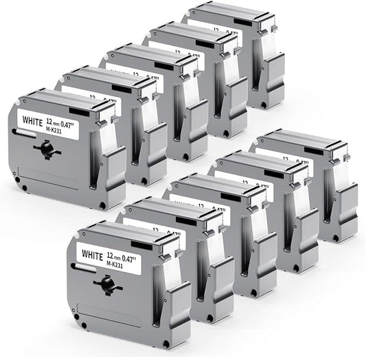 10 Pack Labelife M-K231s Label Tape Replace for Brother P Touch M Tape | M-K231 MK231 M-231 12mm 0.47 1/2 Refills Compatible with Brother Ptouch PT-M95 PT-80 PT-70 PT-65 PT-45 Label Makers