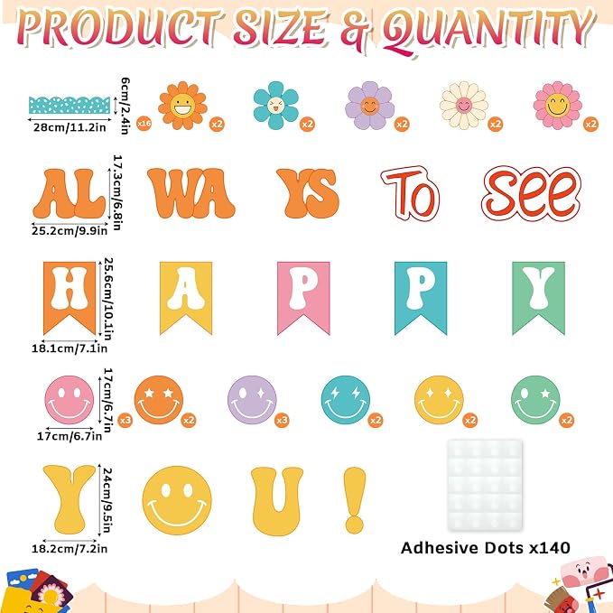 54Pcs Smile Face Bulletin Board Decorations Set, Always Happy to See You Bulletin Board, Colourful Happy Face Paper Cutouts for Back to School Classroom Teacher Supplies Office Door Wall Decor